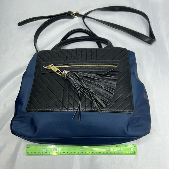 Karl Lagerfeld Paris Misto Black Leather and Blue Nylon Satchel Bag with Tags - Picture 10 of 15